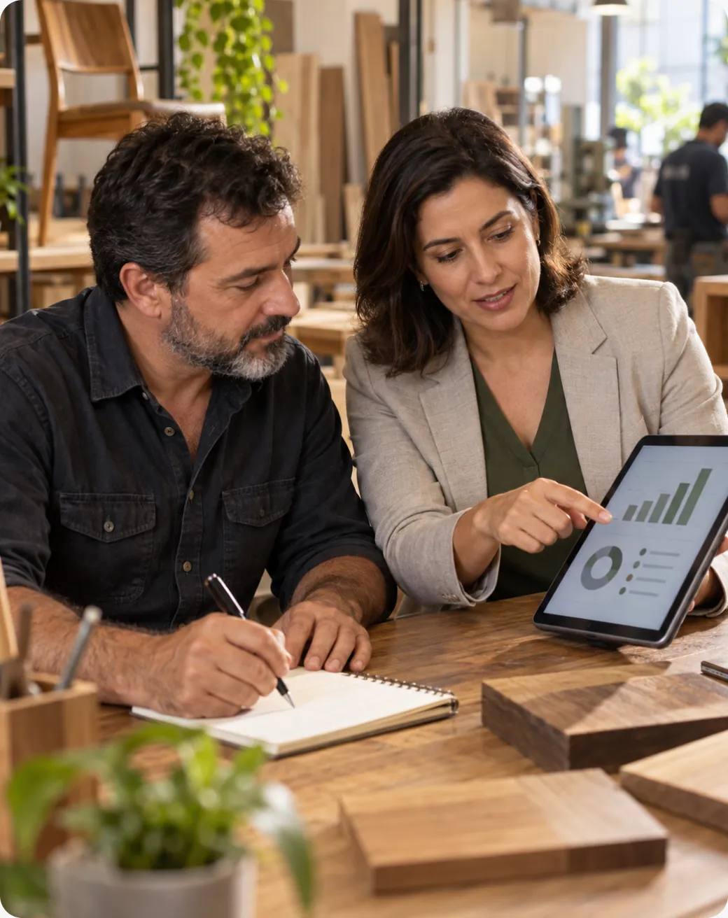 Consultor da Virtude conversando sobre gestão com um empresário em uma oficina