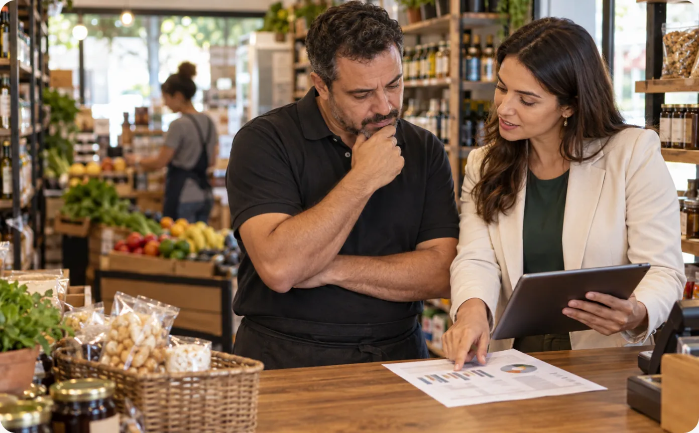 Consultores da Virtude analisando indicadores em um tablet com um cliente
