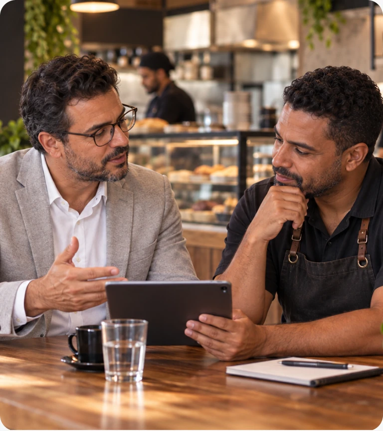Consultora da Virtude conversando com uma empresária em um café