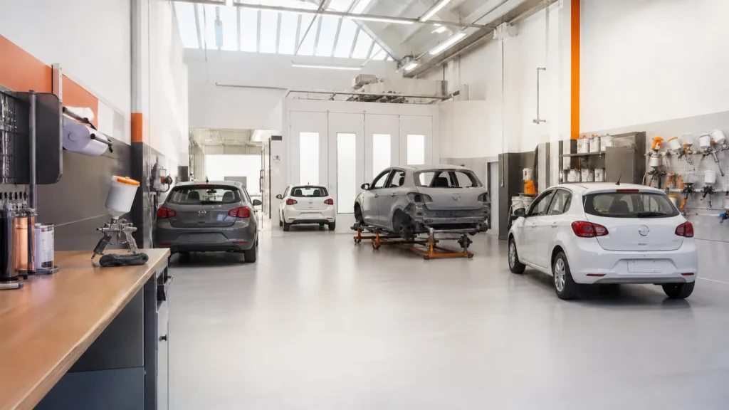 Pátio de uma funilaria e pintura com carros em serviço
