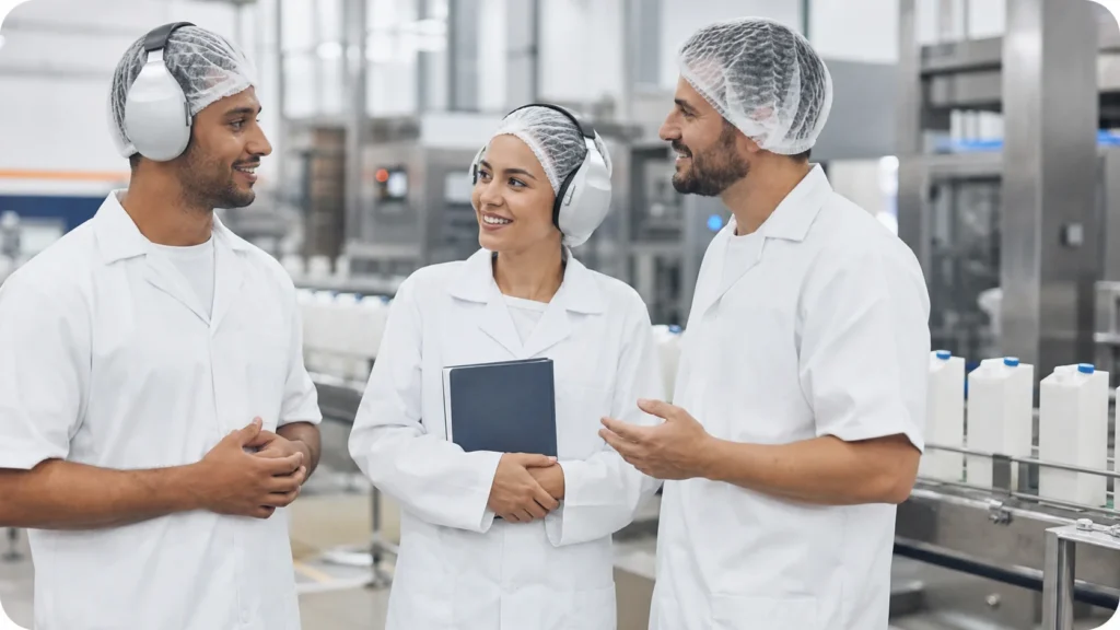 Equipe de uma fábrica de laticínios conversando com uniformes e toucas