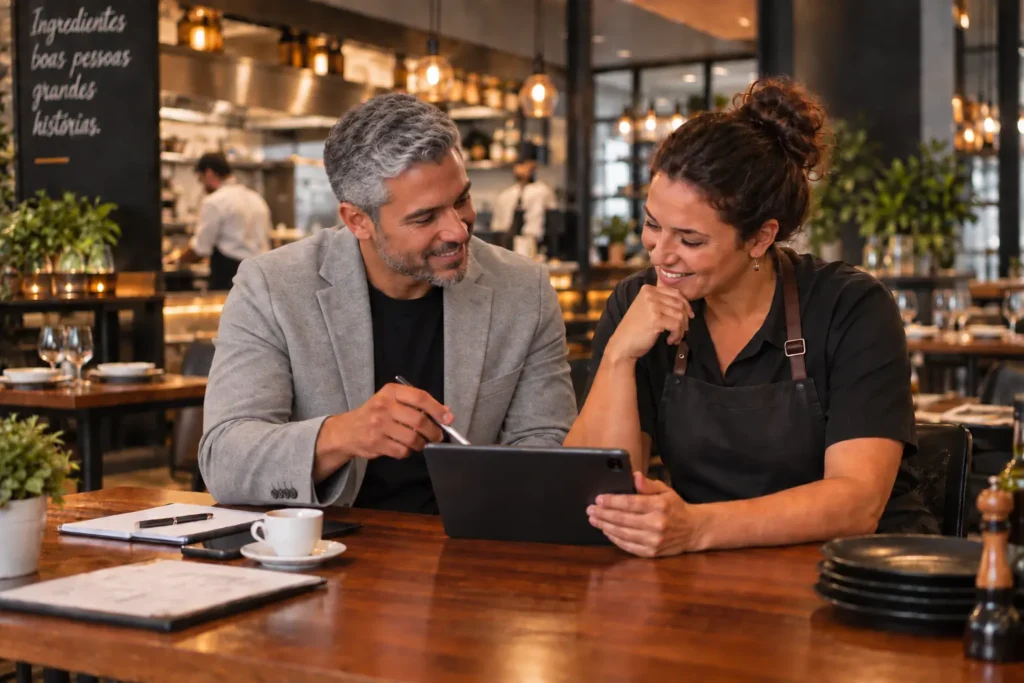 Consultor apresentando informações em um tablet para uma empresária em um restaurante