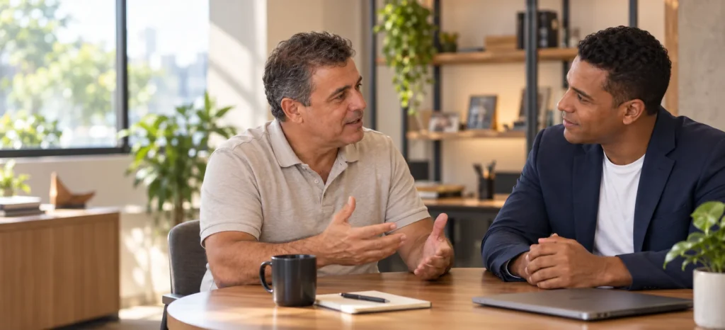 Dois profissionais conversando à mesa em um escritório iluminado
