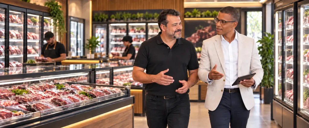 Consultor da Virtude conversando com o dono de um açougue entre as vitrines refrigeradas