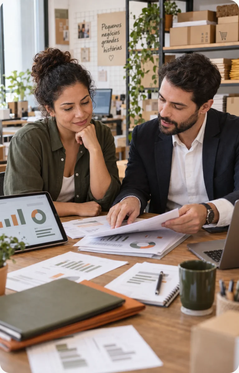 Consultora da Virtude analisando relatórios com um empresário