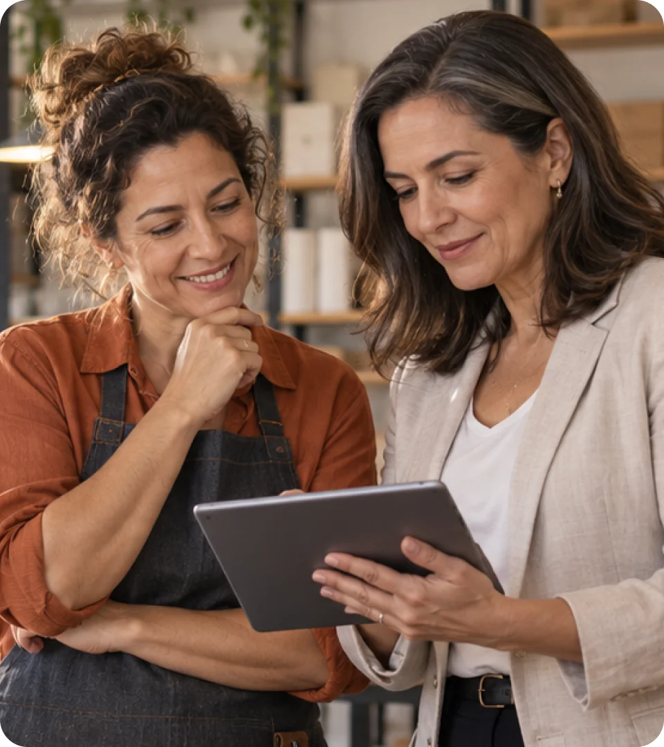 Consultores da Virtude conversando com uma cliente em um escritório
