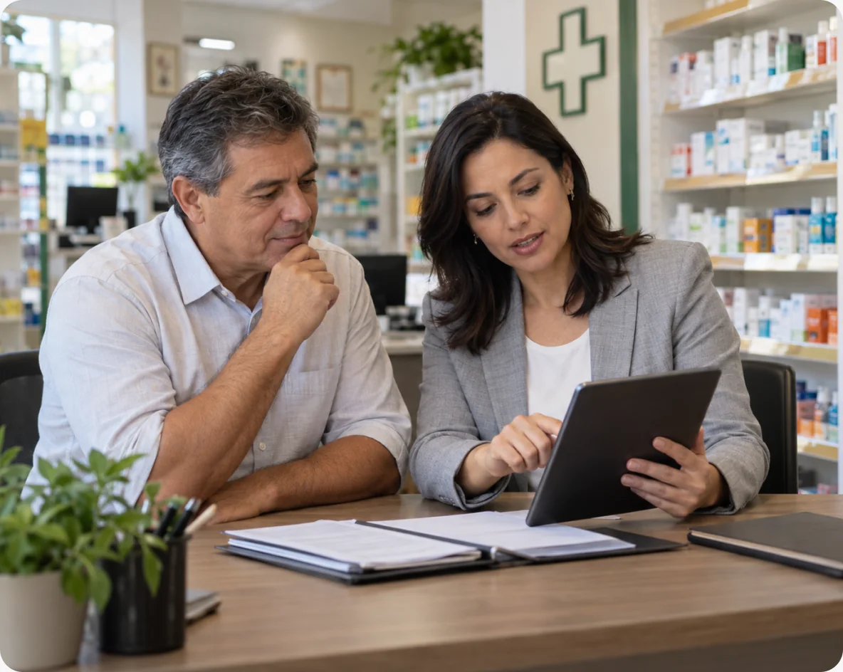 Consultor da Virtude conversando com uma empresária sobre informações do negócio