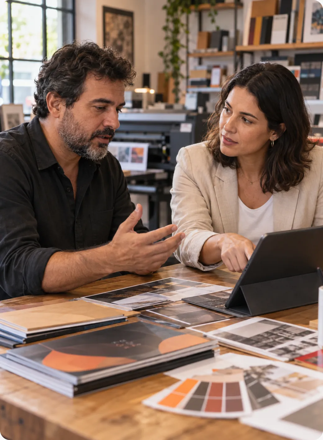 Consultora da Virtude mostrando análises em um tablet para uma empresária